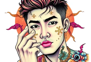 Handsome Asian young guy is putting ritual symbols on his face tattoo idea