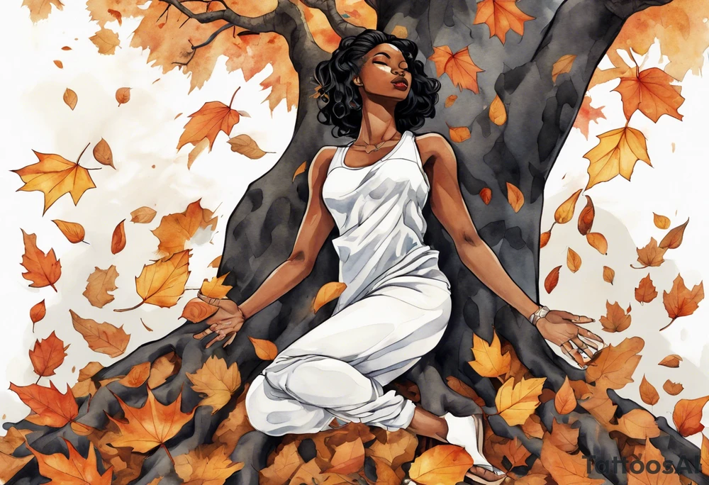a black woman standing in a pile of fallen leaves, with feet that are tree roots, her arms raised towards the sun, tattoo idea