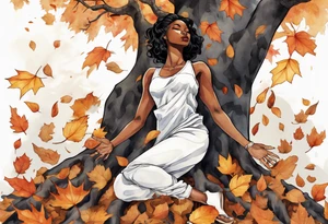 a black woman standing in a pile of fallen leaves, with feet that are tree roots, her arms raised towards the sun, tattoo idea