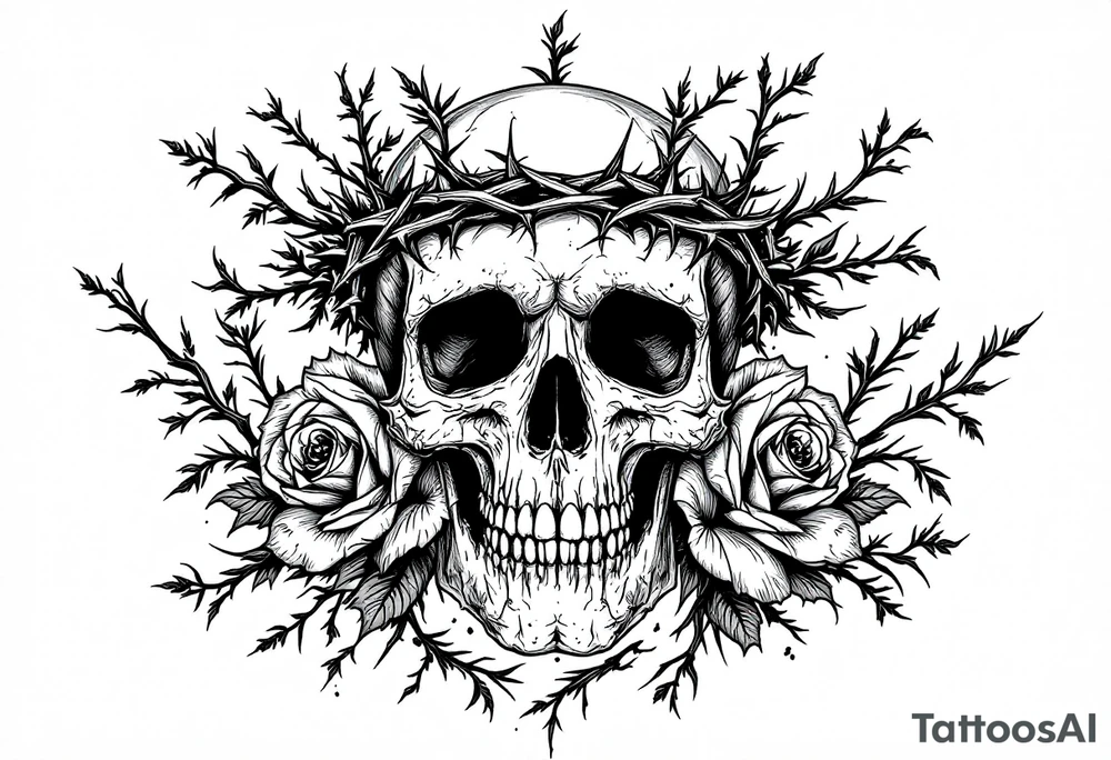 ornate skull adorned with crown of wild roses and thorns tattoo idea