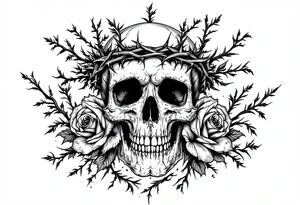 ornate skull adorned with crown of wild roses and thorns tattoo idea