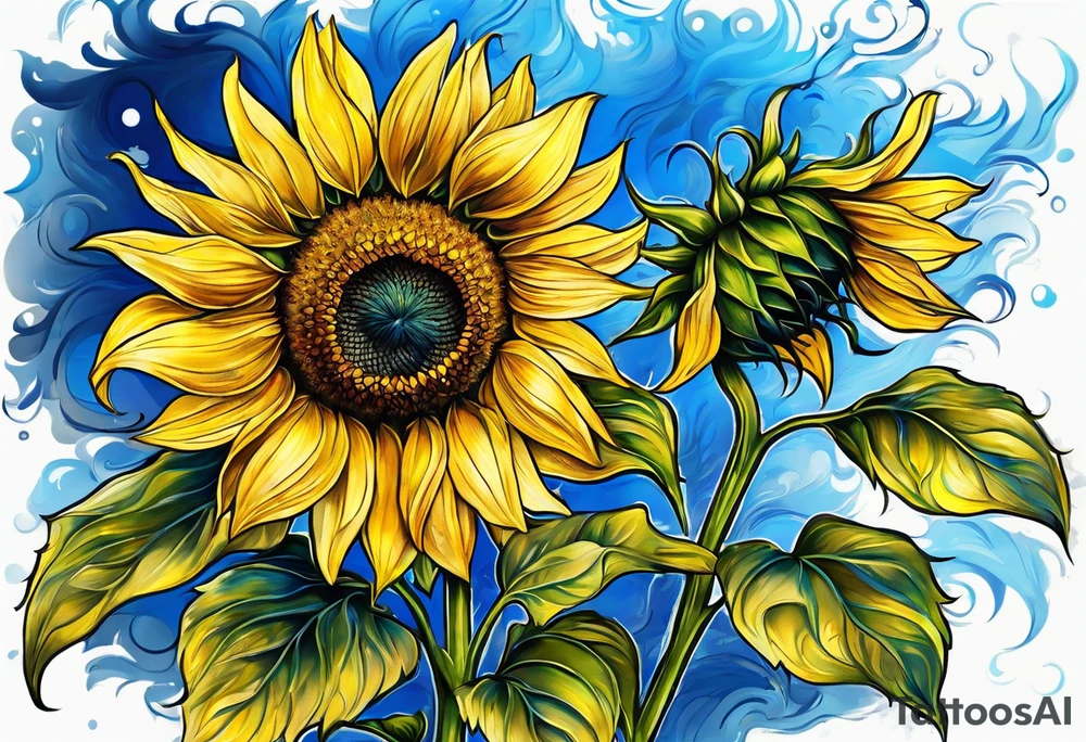 a yellow sunflower bloom with blue highlights tattoo idea