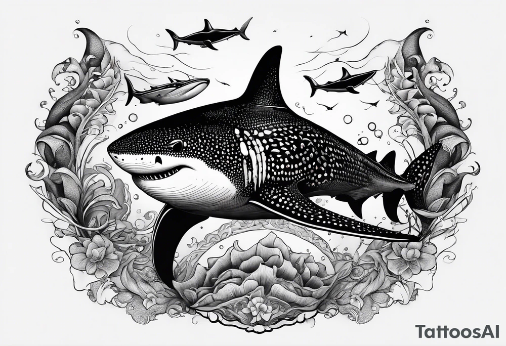 shark, octapus, lion, whale shark, manta ray sleeve tattoo idea