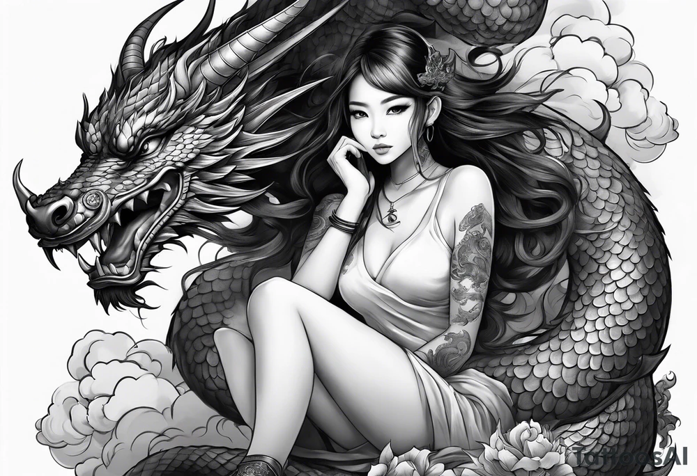 a girl sitting on a asian dragon surrounded by cloud tattoo idea