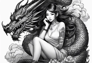 a girl sitting on a asian dragon surrounded by cloud tattoo idea