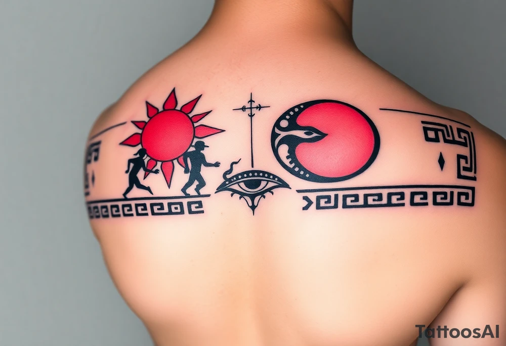 Neo-tribal Greek meander tattoo band for forearm, long horizontal wrap-around design. Left side (day): red sun with sharp tribal spikes, abstract running human silhouettes in angular style. Right side (night): black crescent moon with dotwork shading, tribal-style ouroboros snake. All symbols integrated into a continuous meander pattern — geometric but with organic neo-tribal flow. Additional elements: tribal eye motif, minimal Tree of Life as sharp branching lines. High-contrast black and red ink, clean line art, no gradients. Inspired by ancient Greek borders fused with modern tattoo aesthetics, seamless repeat pattern tattoo idea