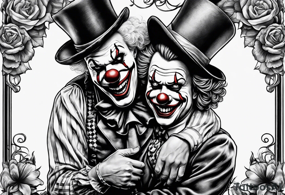 A clown holding the leg of another clown tattoo idea