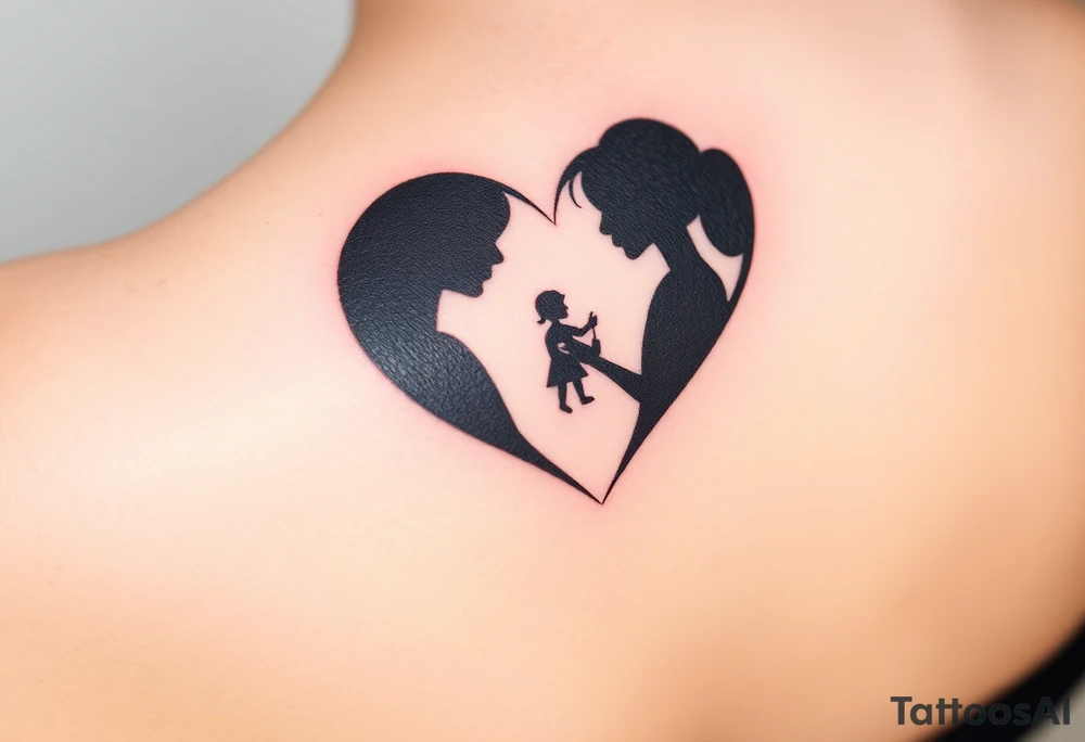 A mother and child shadow inside a heart-shaped puzzle piece, in black and white with a subtle blue glow tattoo idea