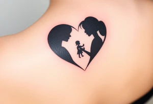 A mother and child shadow inside a heart-shaped puzzle piece, in black and white with a subtle blue glow tattoo idea