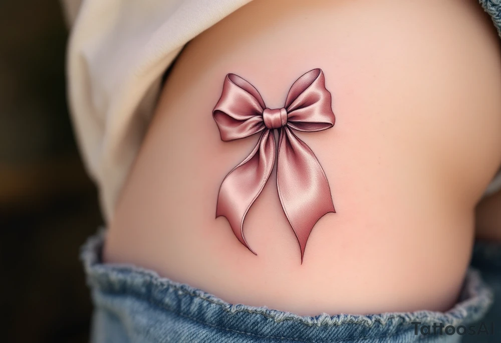 An elegant satin bow tattoo, tied in a perfect knot with gracefully flowing tails, symbolizing unity and everlasting love. The bow is rendered in a soft blush pink with gentle highlights, creating a realistic silk-like sheen. Subtle shadows add depth, making the fabric appear delicately folded. The knot at the center is slightly darker, emphasizing its structure and strength. tattoo idea