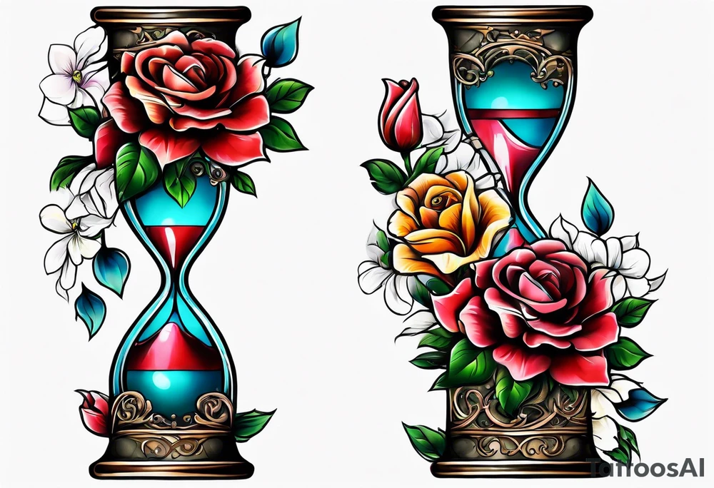 Hour glass sleeve with flowers tattoo idea