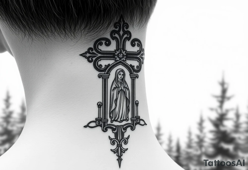 russian coat arms traditional christian orthodox cross with a virgin mary stood in the entrance of a russian orthodox dome church on the side of the neck in a wilderness setting tattoo idea