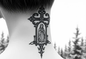 russian coat arms traditional christian orthodox cross with a virgin mary stood in the entrance of a russian orthodox dome church on the side of the neck in a wilderness setting tattoo idea