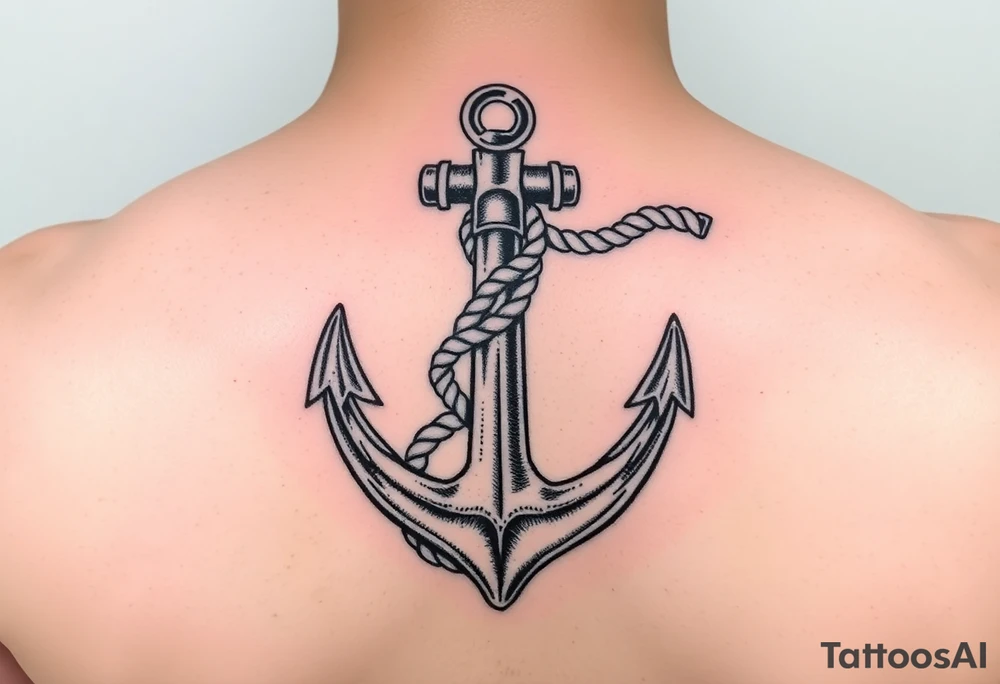 weathered anchor wrapped in nautical rope with sea waves tattoo idea