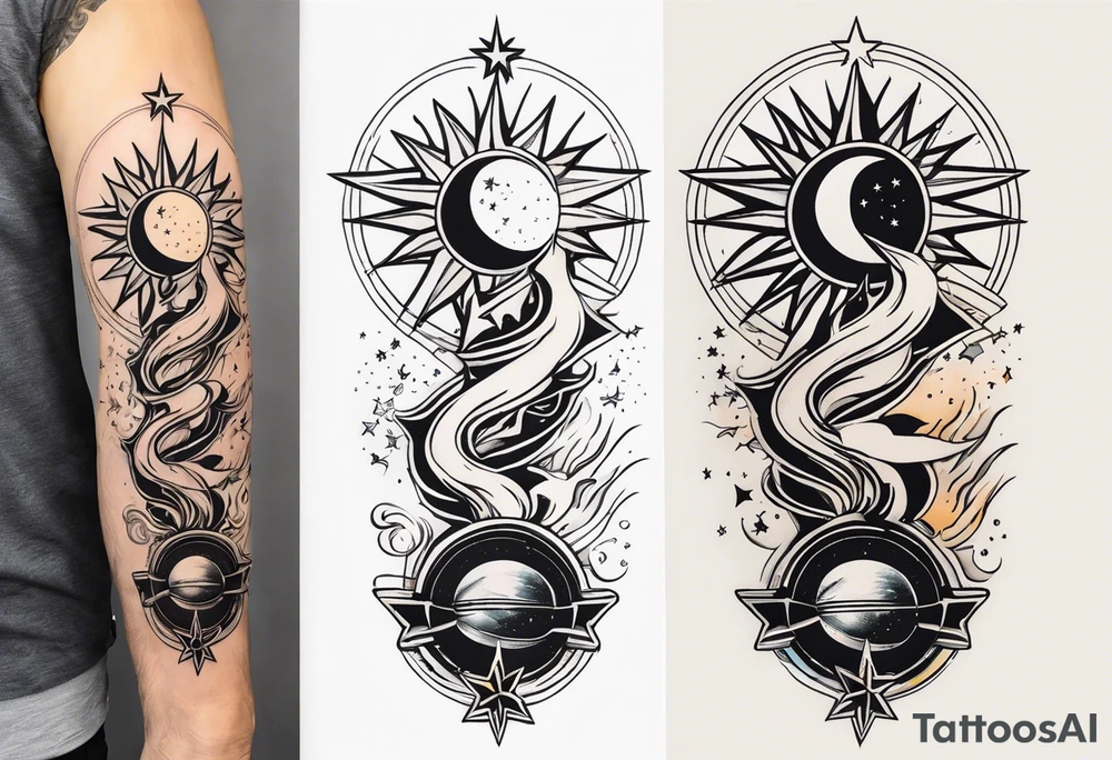 Collage for full left arm sleeve with:
a sun with a quarter moon,
2 stars,
bass guitar,
caduceus symbol tattoo idea