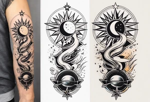 Collage for full left arm sleeve with:
a sun with a quarter moon, 
2 stars,
bass guitar, 
caduceus symbol tattoo idea