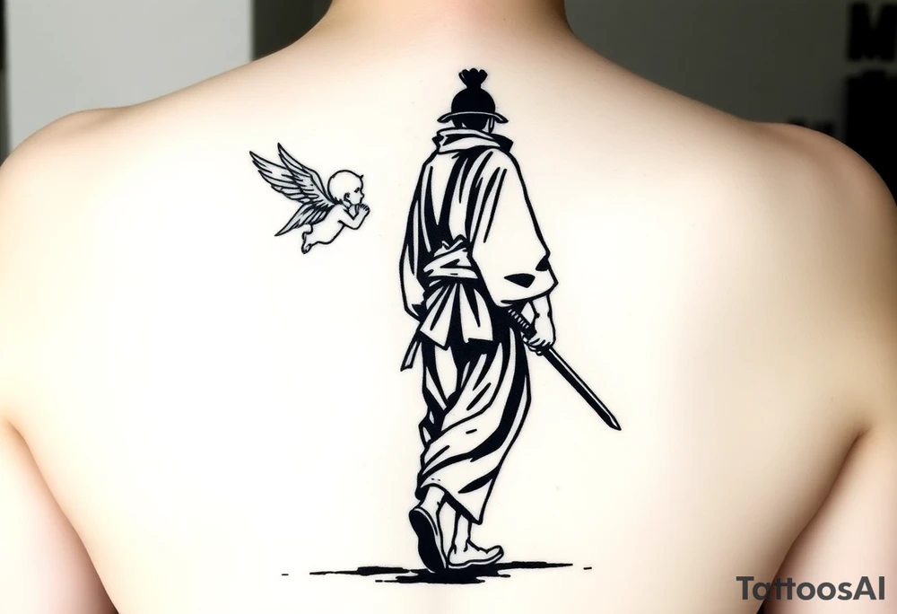 "Blackwork tattoo sketch of a lone samurai walking forward, shown in dramatic silhouette style. The samurai wears traditional kimono and hakama, holding a katana in one hand with the blade pointing downward. Behind him floats a small child angel with detailed feathered wings, gently touching the samurai’s back with one hand, as if stopping or guiding him. Strong contrast, dynamic ink splatter, rough brush strokes, Japanese sumi-e vibe, emotional and symbolic composition, high detail linework, no background." tattoo idea