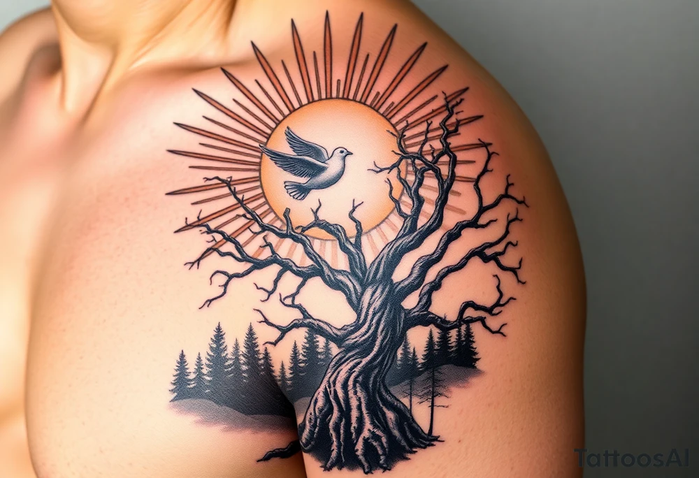 Here’s a detailed description for your tattoo generator:

"A hyper-realistic tattoo design strictly placed on the upper shoulder. The design features radiant, sharp-edged sun rays extending outward from the top of the shoulder, converging towards a bright, circular sun located at the center. A white dove is in mid-flight, wings fully spread, positioned directly in front of the sun, with its body silhouetted against the glowing rays.

Below the sun and dove is a strikingly detailed poison tree, featuring thick, twisted roots and gnarled branches extending upward. The branches have a jagged, barren appearance, adding a sense of mystery and intensity. At the base of the tree is a serene forest scene, with rows of tall, shadowy evergreen trees receding into the background to create depth and balance.

The entire design is rendered in black and grey realism, with a strong emphasis on contrast and shading to create a three-dimensional effect. The skin of the person is visible in a natural tone, and the tattoo blends seamlessly into the contours of the shoulder, with the design wrapping slightly toward the front and back without losing its central focus. The overall composition merges elements of peace (dove and sun) with mystery (poison tree and forest), creating a harmonious yet striking visual impact." tattoo idea