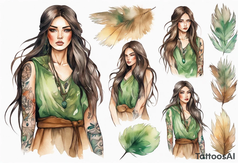 a woman with long brown hair with tan skin and green eyes wearing a fur tunic tattoo idea