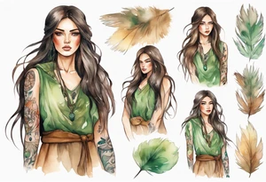 a woman with long brown hair with tan skin and green eyes wearing a fur tunic tattoo idea