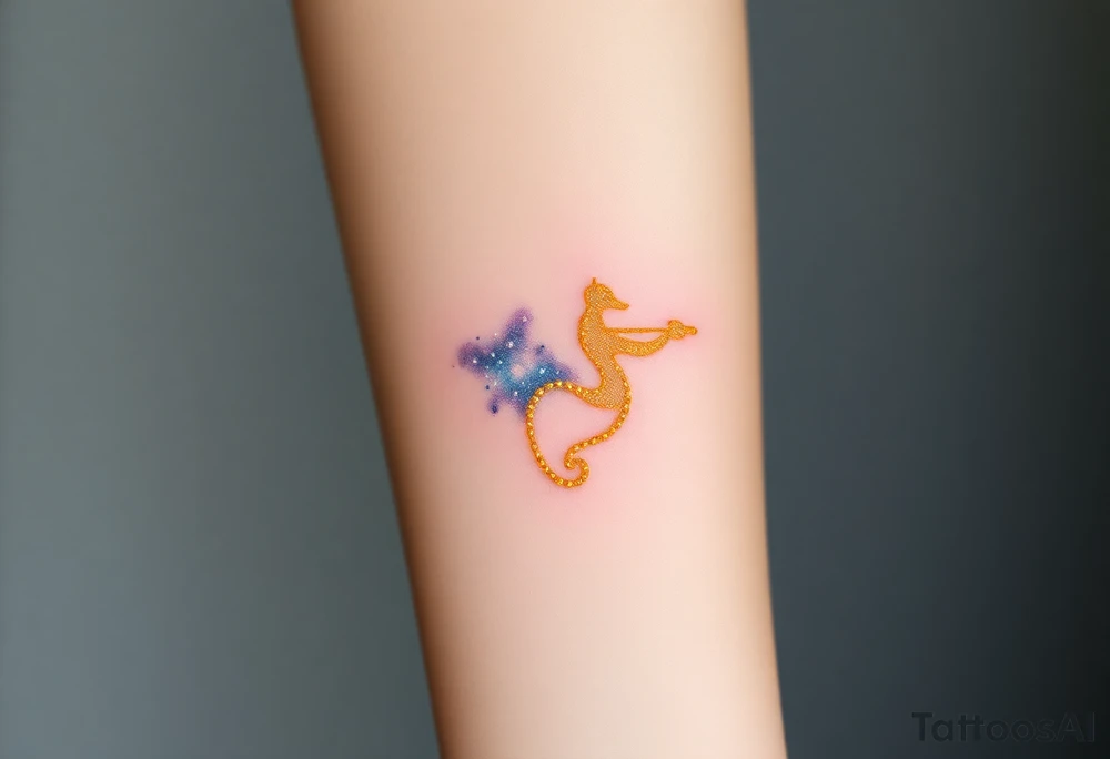 A night sky with Sagittarius made of glowing golden dots, surrounded by a soft watercolor galaxy in deep blues and purples tattoo idea