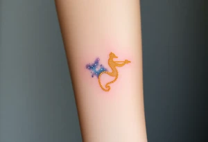 A night sky with Sagittarius made of glowing golden dots, surrounded by a soft watercolor galaxy in deep blues and purples tattoo idea