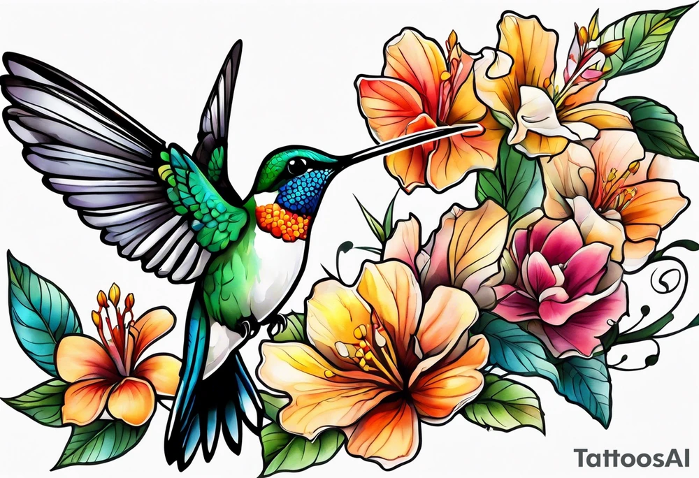 Flowers and humming bird with the name Kieanna tattoo idea