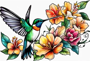 Flowers and humming bird with the name Kieanna tattoo idea