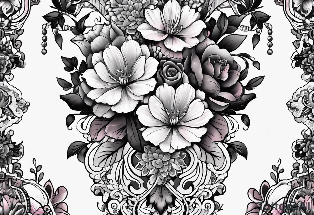 Floral leg piece with beading and lace tattoo idea. monochromatic pinks, old school flowers tattoo idea