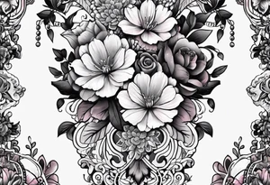 Floral leg piece with beading and lace tattoo idea. monochromatic pinks, old school flowers tattoo idea