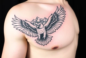 majestic eagle spreading wings against mountain peaks tattoo idea