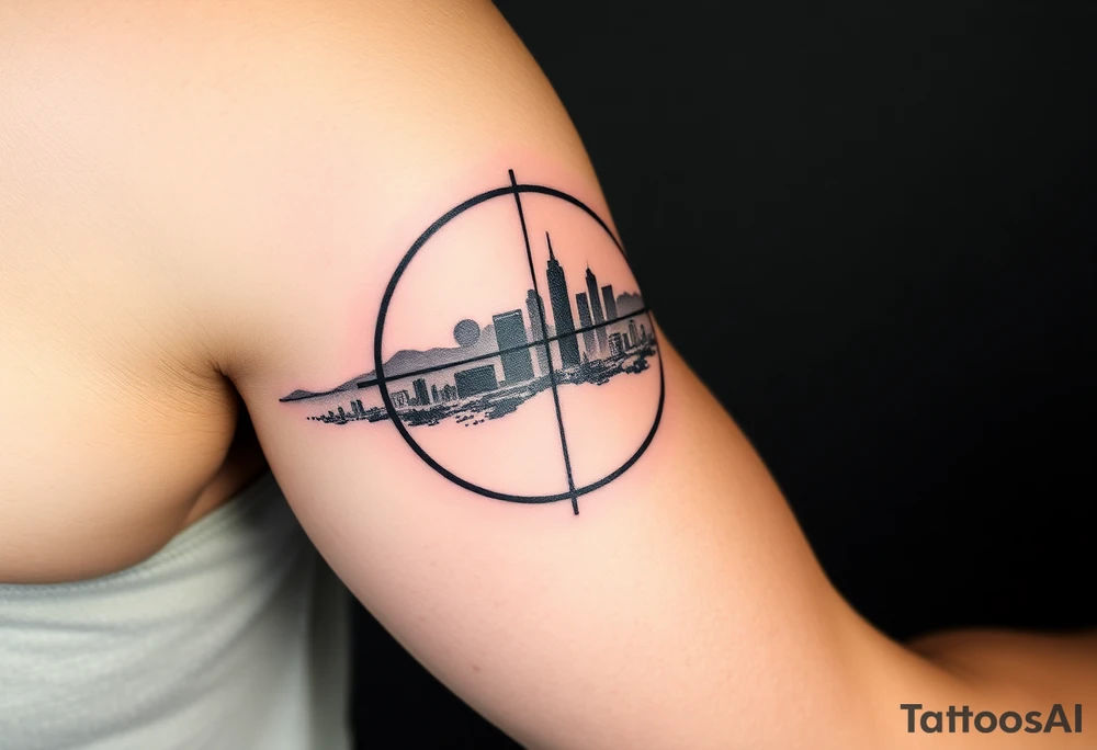scope crosshairs with eerie Los Angeles city horizon in background tattoo idea