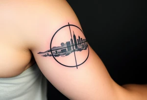 scope crosshairs with eerie Los Angeles city horizon in background tattoo idea