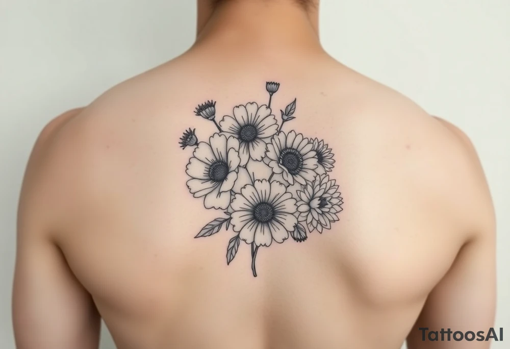 Simple line tattoo of flower bouquet in order of these flowers, daisy, cosmo, poppy, chrysanthemum, cosmo tattoo idea