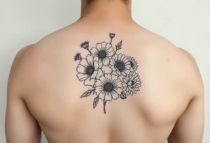 Simple line tattoo of flower bouquet in order of these flowers, daisy, cosmo, poppy, chrysanthemum, cosmo tattoo idea