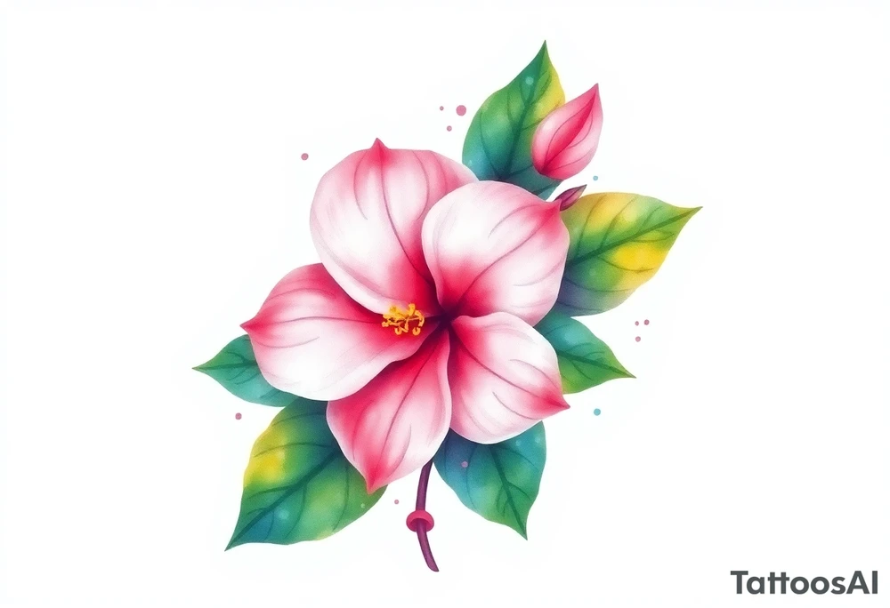 pink camelia flower with leaves and stem tattoo idea