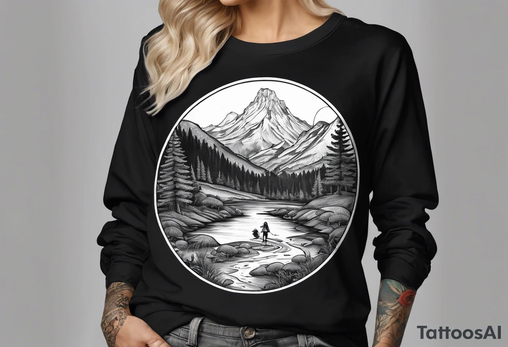 Whole picture encircled fully

Straight long blonde hair hippie girl in distance holding mushrooms in hand facing away toward mountains and creek surrounded by mushrooms long sleeve shirt and hiking pants; whole rendering within a full circle, no cut off circle tattoo idea