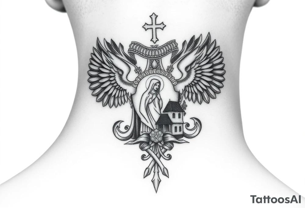 Traditional authentic Russian coat of arms with a Christian orthodox virgin marry in the middle and silhouette in a Russian wilderness Christian orthodoxy dome church village setting tattoo idea