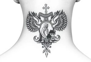 Traditional authentic Russian coat of arms with a Christian orthodox virgin marry in the middle and silhouette in a Russian wilderness Christian orthodoxy dome church village setting tattoo idea