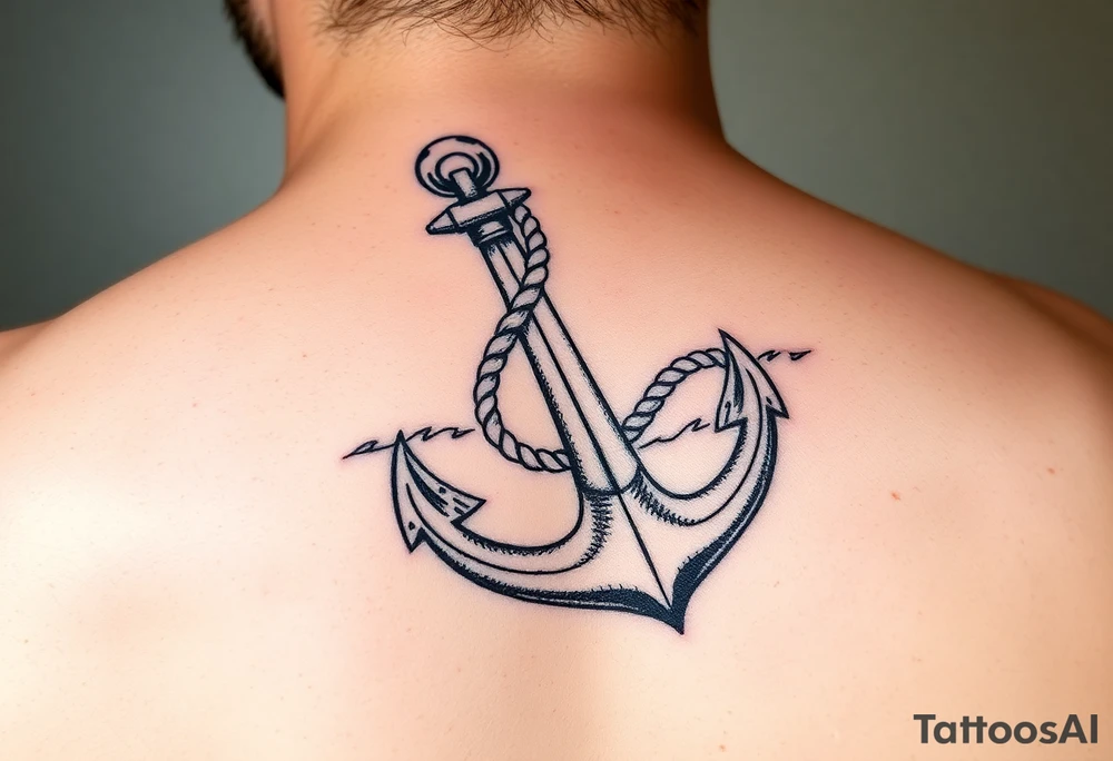 weathered anchor wrapped in nautical rope with sea waves tattoo idea