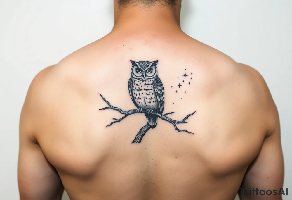 wise owl perched on ancient oak branch under starlit sky tattoo idea