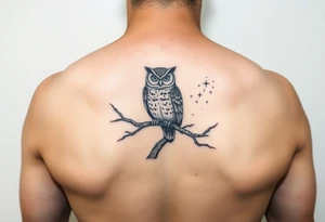 wise owl perched on ancient oak branch under starlit sky tattoo idea