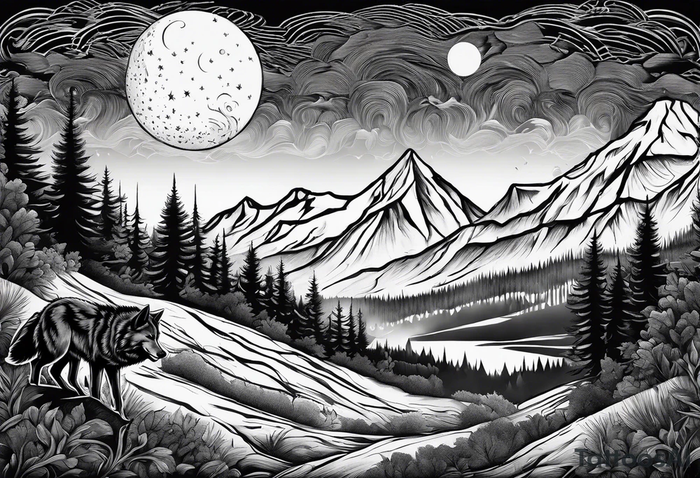 Mountain peaks
Two wolves
Moon
Dark woods
Trail tattoo idea
