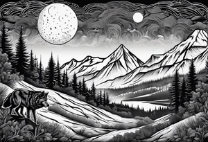 Mountain peaks
Two wolves
Moon
Dark woods
Trail tattoo idea