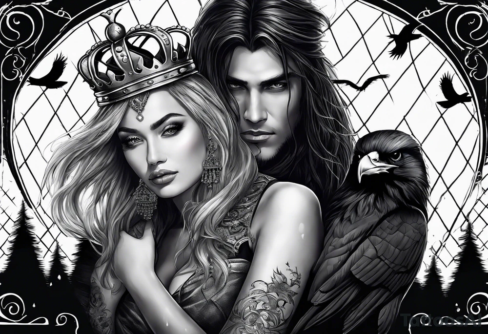 Reading books in the rain, chessboard with king and queen piece, background in a mountain and ravens tattoo idea