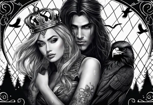 Reading books in the rain, chessboard with king and queen piece, background in a mountain and ravens tattoo idea