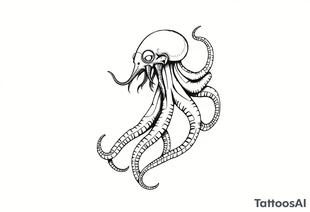 A minimalist blackwork tattoo design of a kraken The kraken is viewed from a 45-degree angle facing left, with its head centered. The tentacles extend only to the left and right, with none going downward beneath the head. The style is clean, fine-line detailing with bold outlines, avoiding heavy shading. The tentacles should be fluid, aggressive, and striking, enhancing the menacing and eerie look of the kraken while maintaining a cohesive design for a tattoo sleeve. tattoo idea