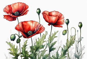 One Red poppy flower with long stem tattoo idea