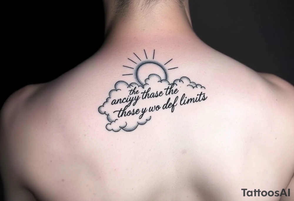 Falling angles in clouds with sunshine that says the horizon temps those who defy limits in cursive on the top on a forearm tattoo idea
