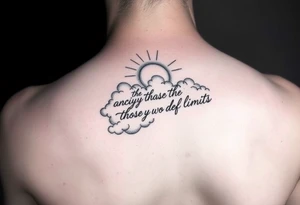 Falling angles in clouds with sunshine that says the horizon temps those who defy limits in cursive on the top on a forearm tattoo idea